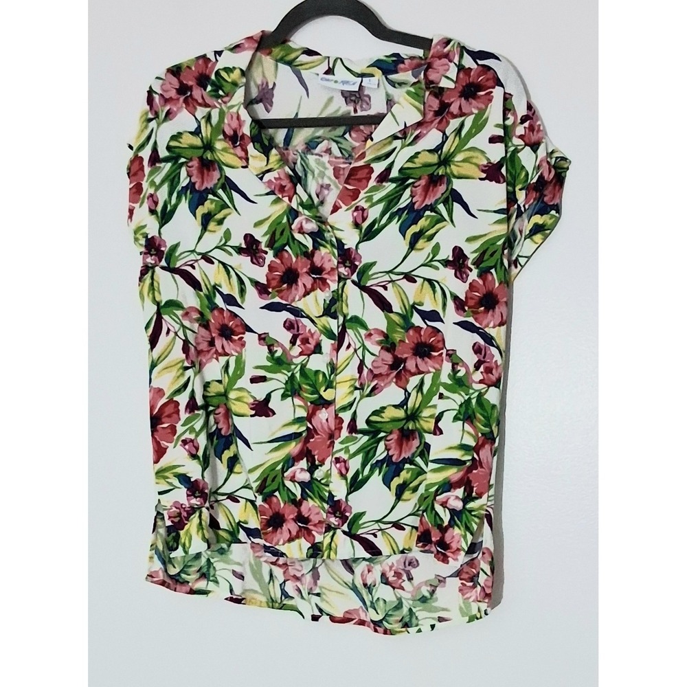 Kiwi Fresh Blouse Size Large White Button Up Tropical Floral Short Sleeve Preown